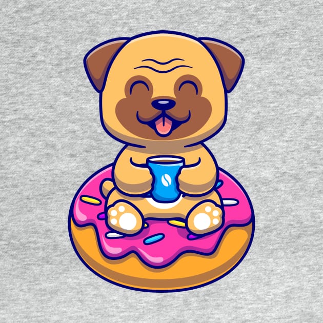 Cute Pug Dog With Coffee And Doughnut Cartoon by Catalyst Labs